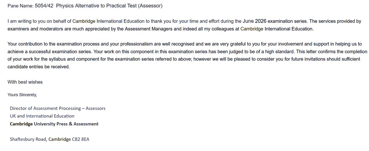 Letter from Cambridge International Education thanking Christos Fotakidis for assessing Physics Alternative to Practical Test 5054/42 in the June 2026 series