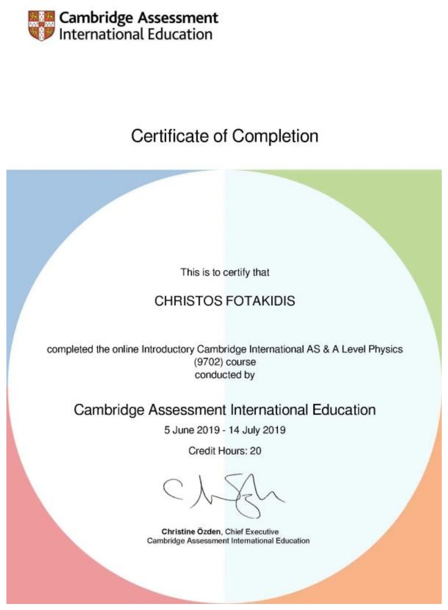 Cambridge Assessment International Education certificate of completion, AS and A Level Physics 9702, 2019