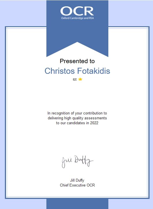 OCR certificate of recognition presented to Christos Fotakidis, 2022