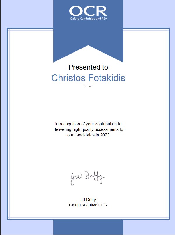 OCR certificate of recognition presented to Christos Fotakidis, 2023
