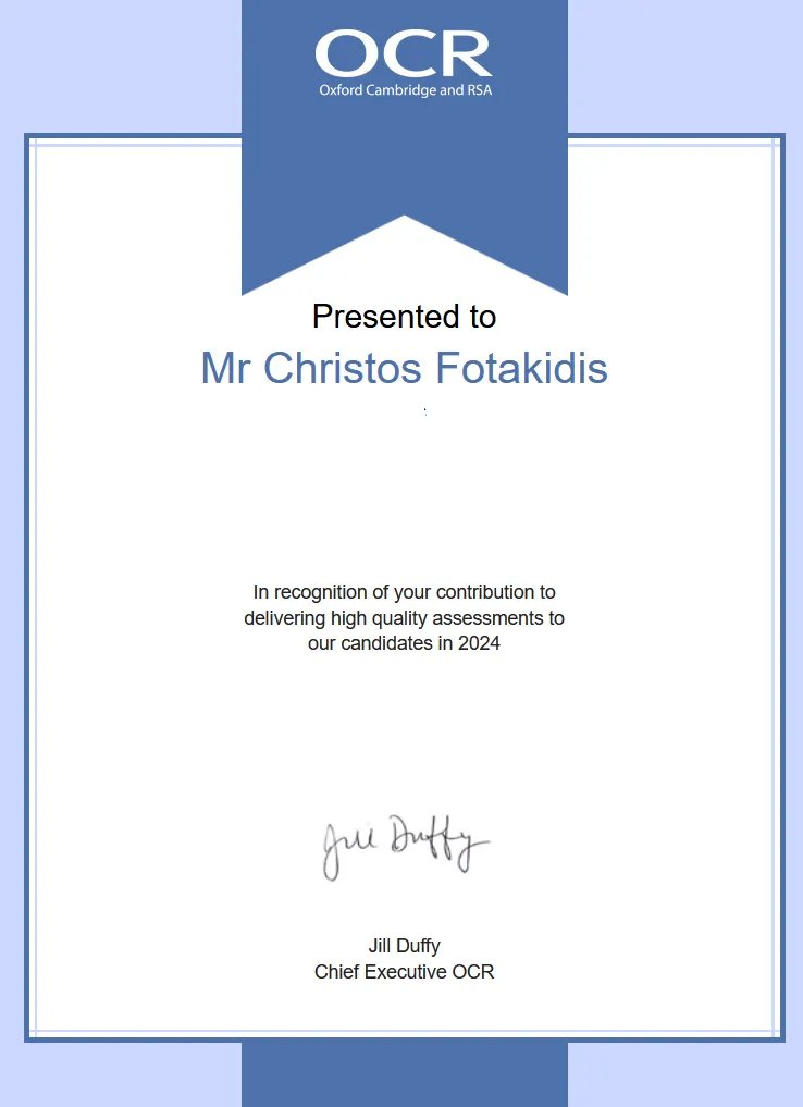 OCR certificate of recognition presented to Christos Fotakidis, 2024