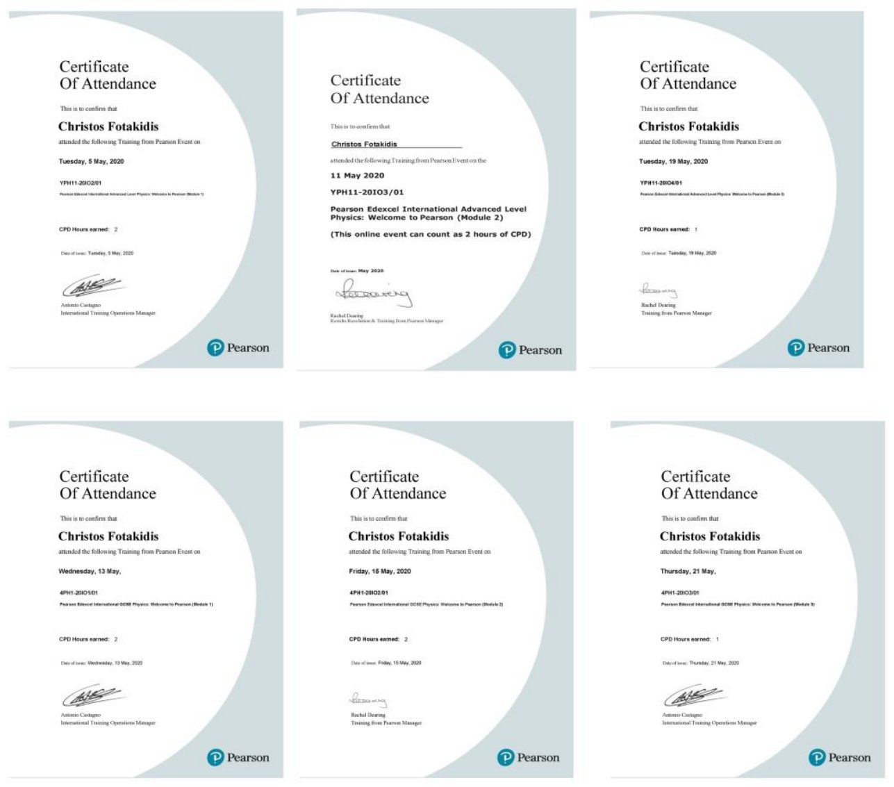 Six Pearson Edexcel certificates of attendance, Physics training, May 2020