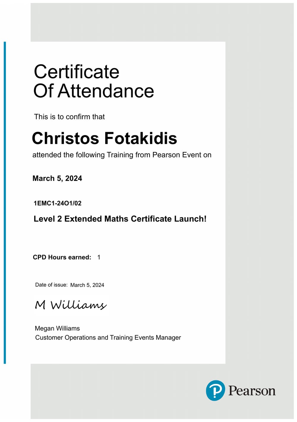 Pearson certificate of attendance, Level 2 Extended Maths Certificate, March 2024