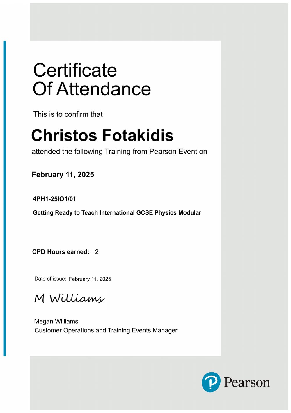 Pearson certificate of attendance, International GCSE Physics Modular, February 2025