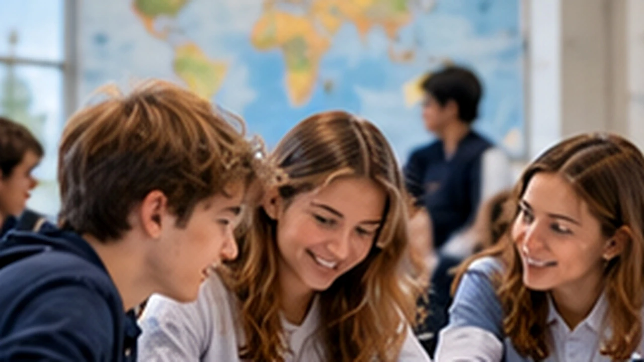 Τρεις μαθητές IB MYP συνεργάζονται σε ομαδική εργασία σε διεθνές σχολείο